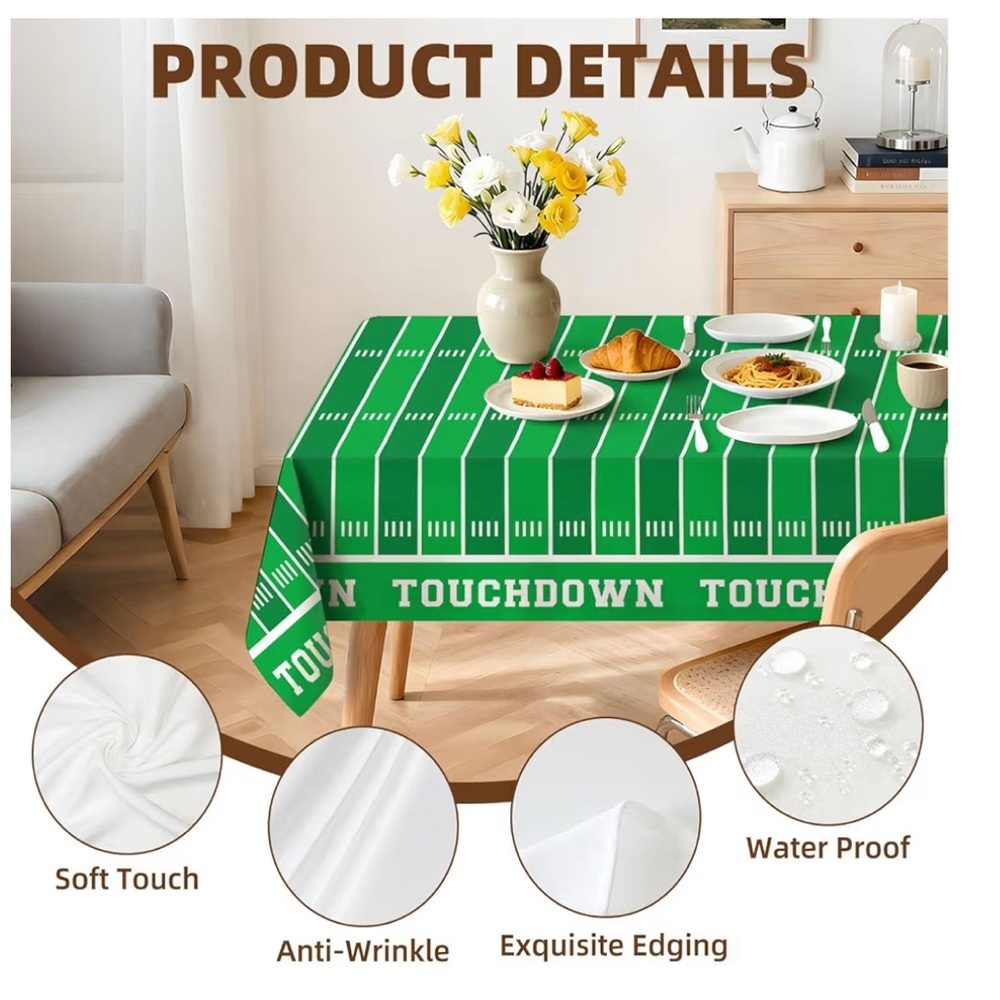 New- Football Inspired
Reusable Tablecloth
Set of 3. Two 52x70 & 1- 70Round- - Picture 10 of 11